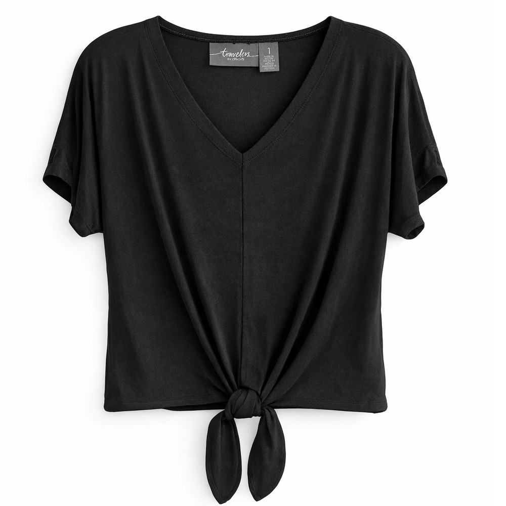 Travelers Chico's Black Cold Shoulder Tie Front Top Women 1 Stretch Travel Knit